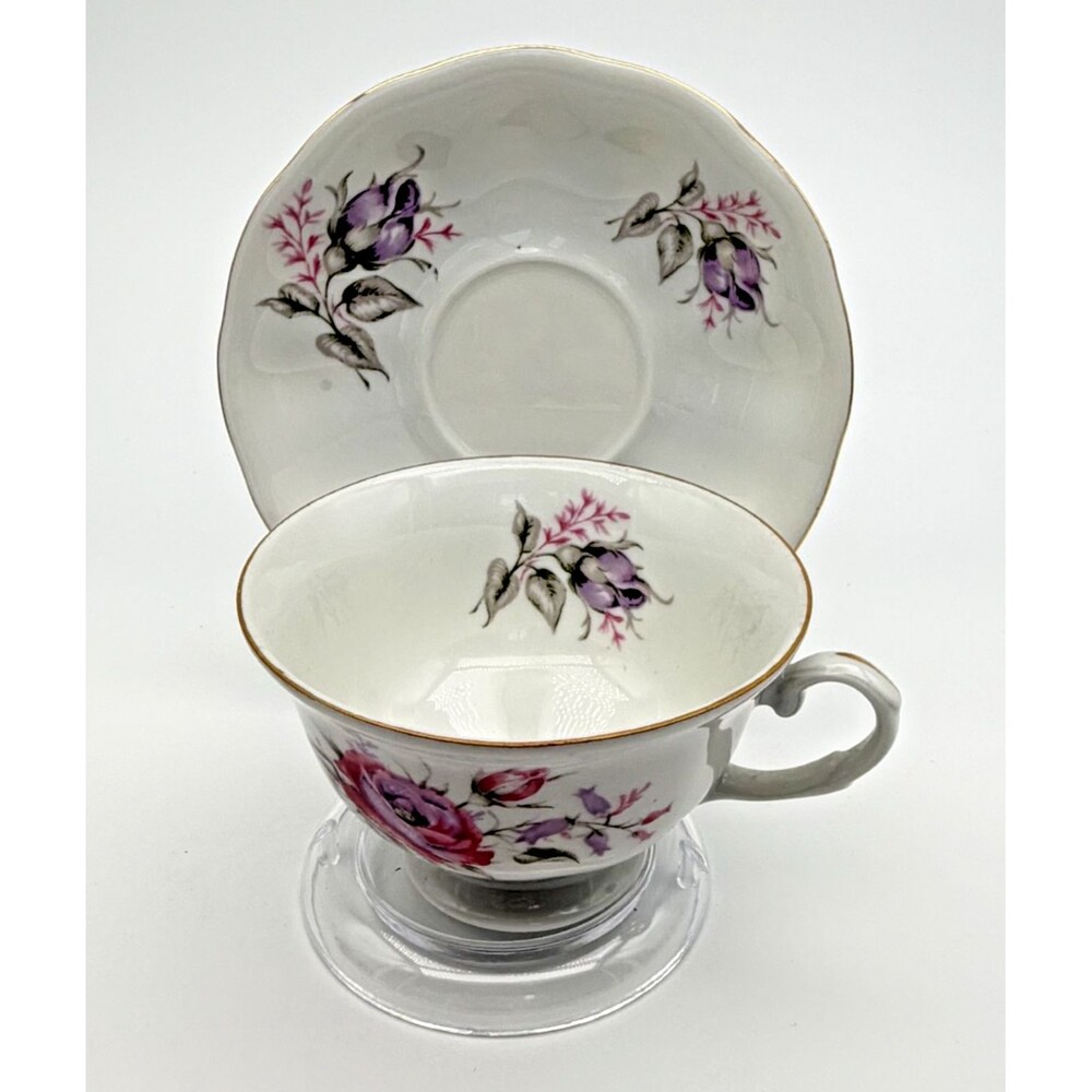 Favolina Fine Porcelain Footed Tea Cup & Saucer Set Pink Purple Floral Poland